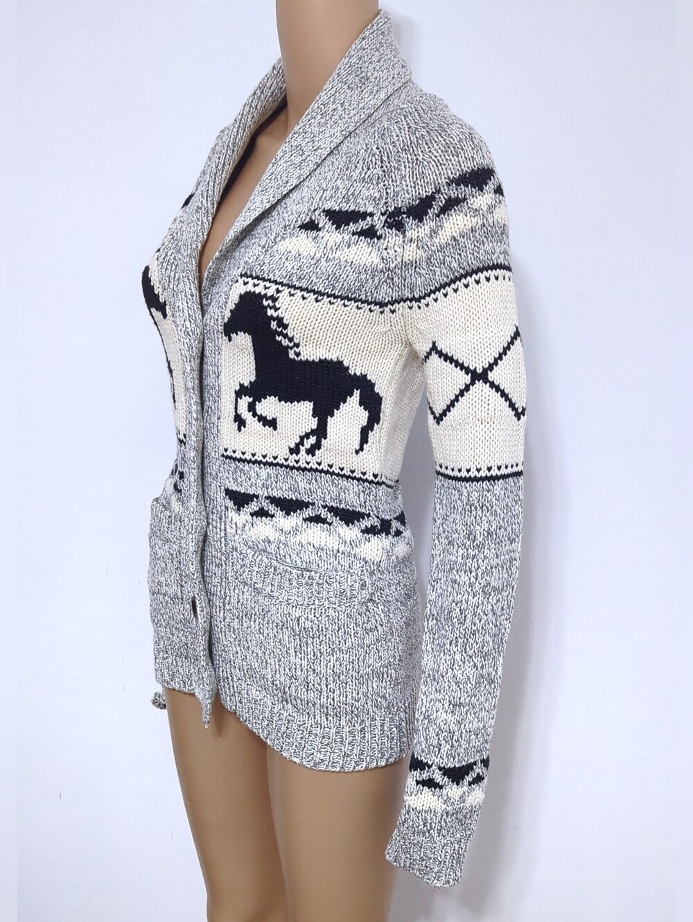 Cowichan Style Western Aztec Horse Knit Button Front Cardigan Shawl Collar XS - Picture 4 of 10